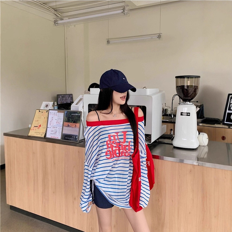 纯欲辣妹露肩撞色条纹薄款防晒衫女夏季宽松休闲中长款气质上衣|undefined