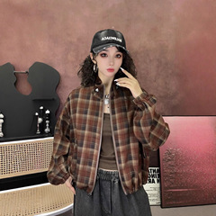 立领拉链格子外套女 2025秋新款复古宽松下摆抽绳开衫短上衣