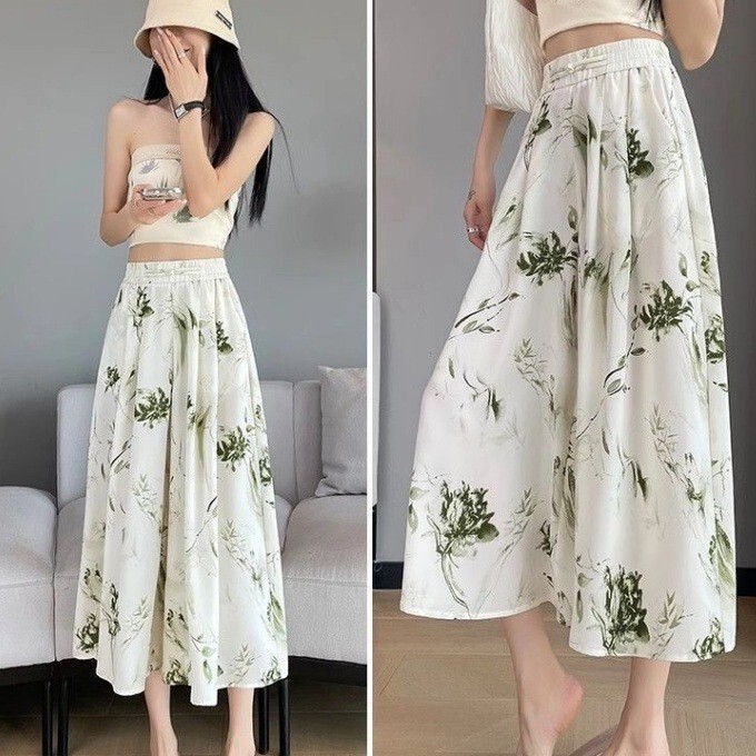 Plus-Size Women's New Chinese-Style Pants-Skirt 2026 Summer Thin Ice Silk High-Waisted Slimming Casual Pants