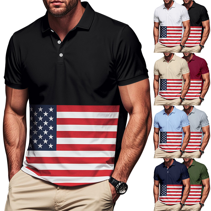 Europa y los Estados Unidos Amazon Hot Sale hombre botón de color coincidente camisa de polo de verano impresa con bandera nacional