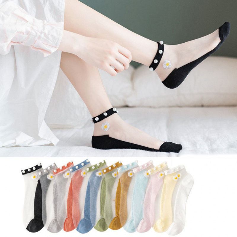 Pearl Socks Women's Short Socks Summer Thin Crystal Socks Rouge Daisy Shallow Mouth Boat Socks Transparent Cotton Socks Glass Silk Stockings