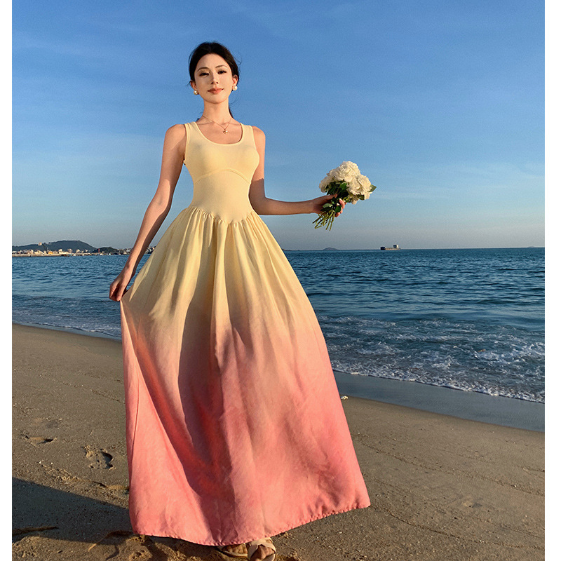 Seaside Vacation Dress for Photographing Gradient Spotted Sunset dress Long Dress Dating Ambient Sling Long Dress