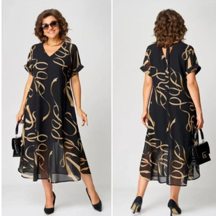 Spring and Summer New Style Age-Reducing Plus Size Women's Printed Short-Sleeved Dress for Women