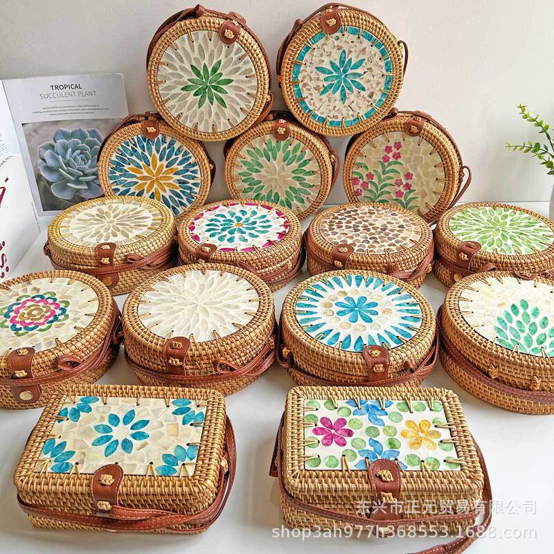 Vietnam Rattan Bag Handmade Woven Bag Shell Bag Ethnic Style Bag Shoulder Crossbody Women's Bag Holiday Bag