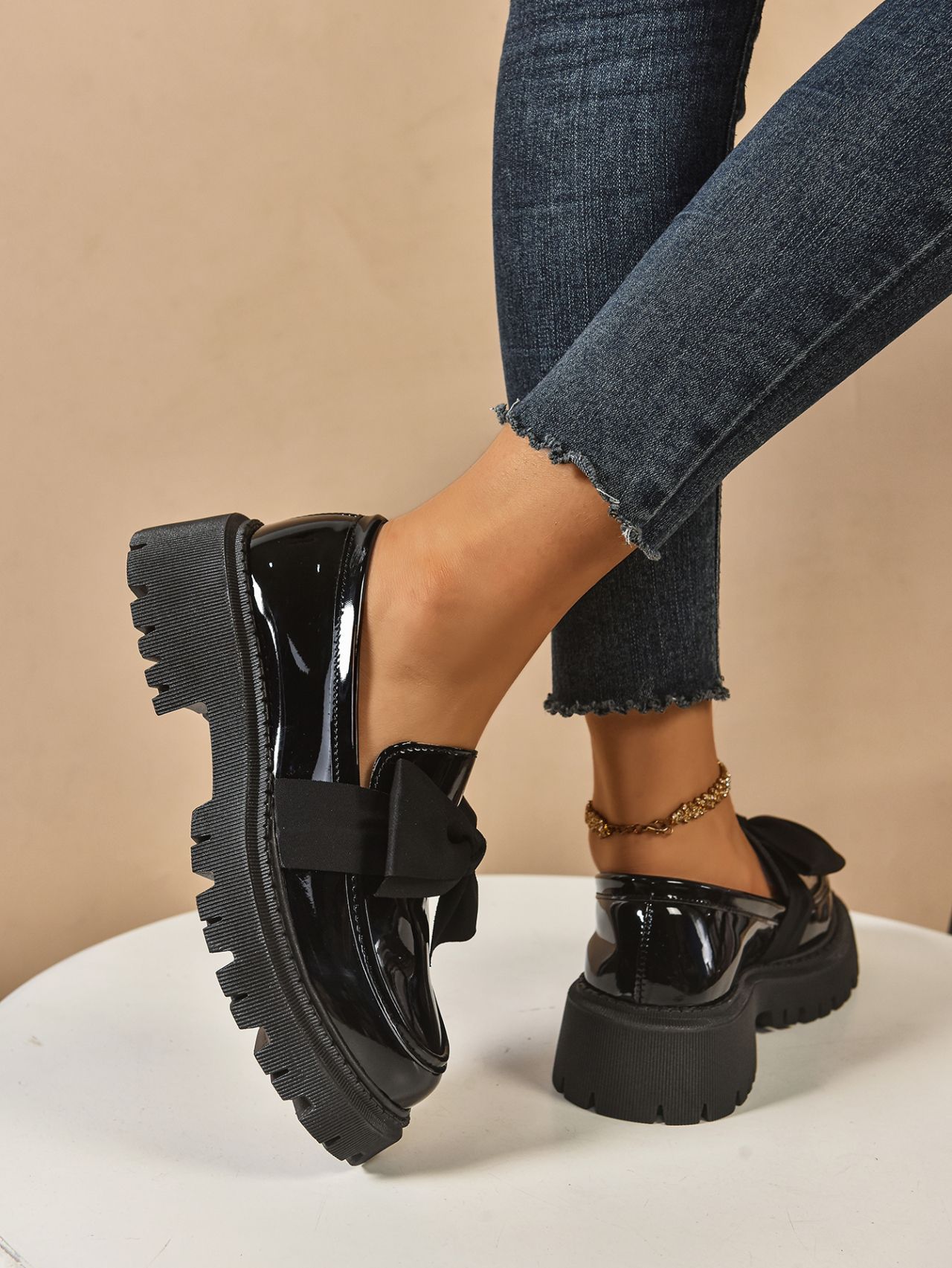 Women's Plus Size Bow Tie Platform Loafers For Autumn Leather_voghion.com