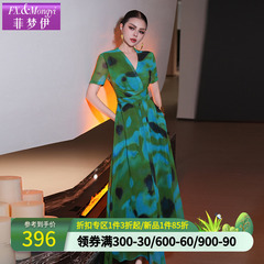 Feimengyi プリントドレス女性の半袖夏レトロハイエンドデザインウエストレース V ネックホリデーロングドレス