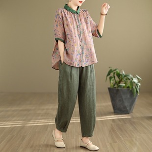 Middle-aged and Elderly Mother's Shirt Cotton and Linen Korean Style Large Size Retro Ethnic Style Two-piece Summer Ramie Suit Women's Clothing