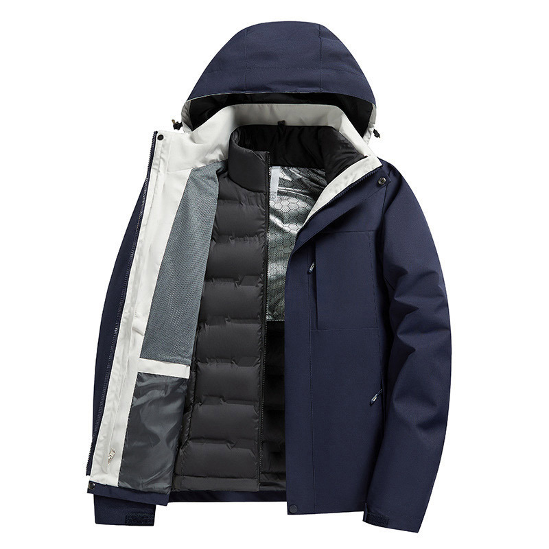 Plumón al aire libre tres en uno desmontable a prueba de viento impermeable viaje traje de montaña chaqueta para hombres y mujeres al aire libre image 16