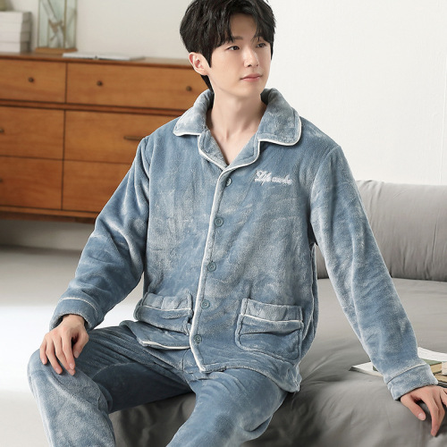 Sky blue and white striped top + pants two-piece men's fleece pajama set