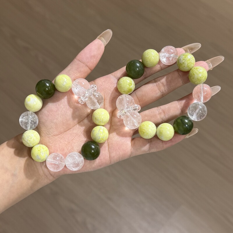 天然菜花玉岫玉白水晶手链女款小众设计款单圈手串三色撞色手饰|undefined