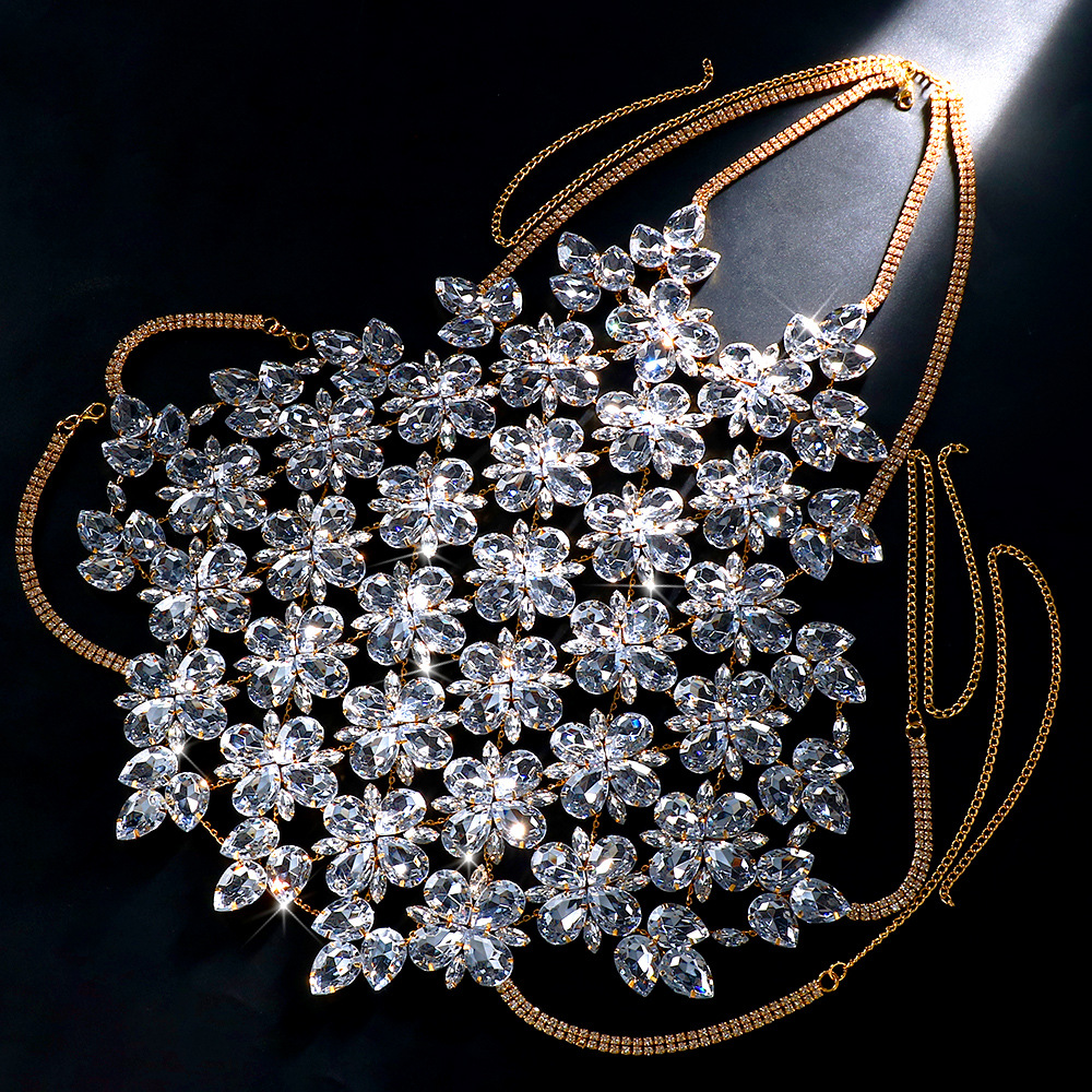 Cruzar la frontera nueva cadena del pecho de diamantes de imitación de Europa y América sexy exagerada flor Halter cuerpo de la cadena de la joyería de la cadena del cuerpo