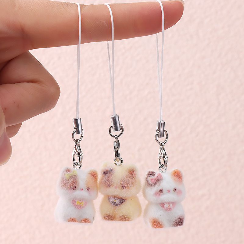 New Cartoon Cute Flocked 3D Resin Cat Keychain Bag Pendant Phone Lanyard Gift Wholesale
