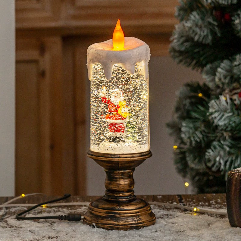 Новогодний декоративный снеговик- свеча, LED пламя, питание USB/3×AA, музыка и снег, размер 8.5×26 см