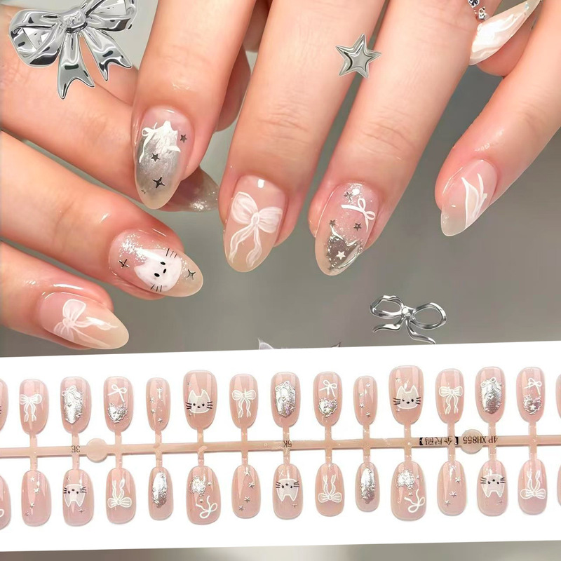 Tiktok Trending Short Oval Silver-Plated Cat-Themed Nail Stickers with Fine Glitter, Translucent and Moisturizing, Korean-Style Star Nail Patches, Playful Nude Color Tiktok Trending Short Oval Silver-Plated Cat-Themed Nail Stickers with Fine Glitter, Translucent and Moisturizing, Korean-Style Star Nail Patches, Playful Nude Color