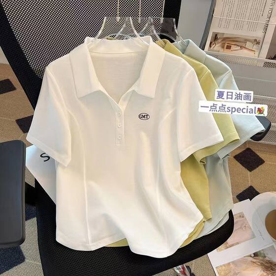Irregular Curved Hem Short-Sleeved T-Shirt Women's Summer 2025 New Loose Large Size Lapel Polo Shirt Top