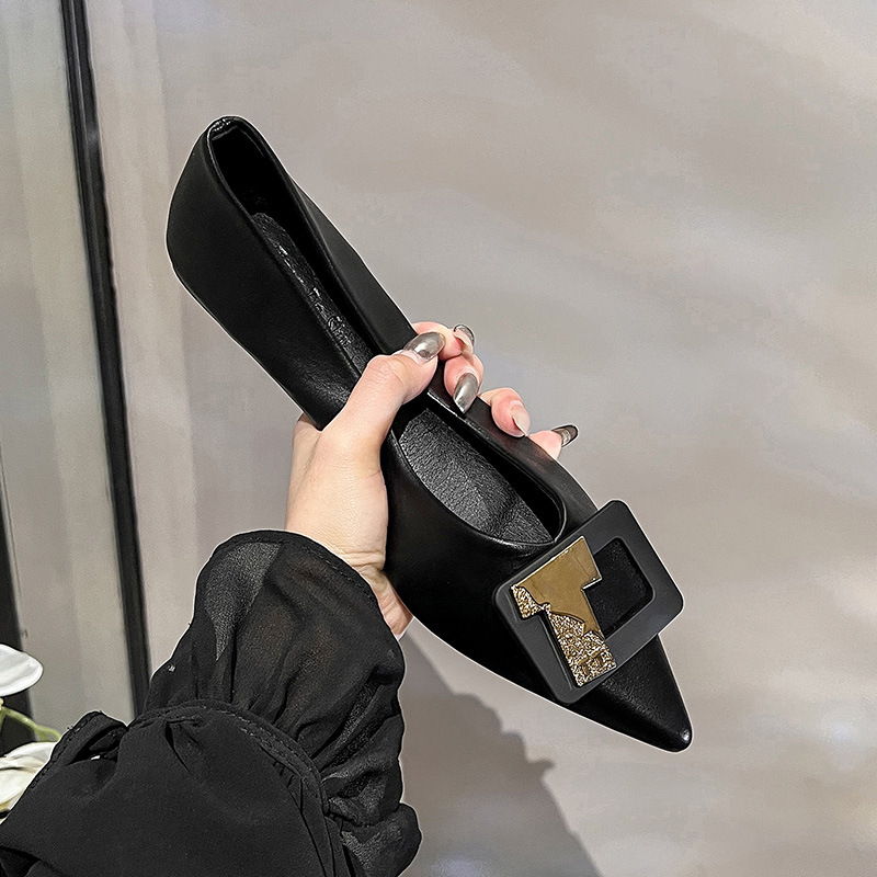 Pointed single shoe women's 2024 new French style temperament shallow mouthed flat bottomed ladybugs, soft soled black professional work shoes