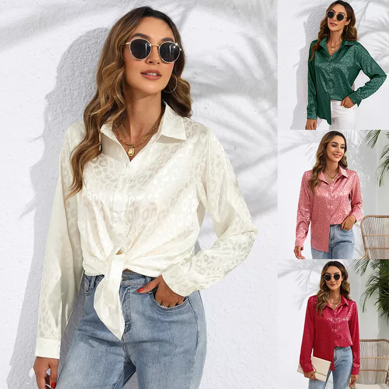 欧美跨境女装爆款实拍2024秋季新款翻领开扣豹纹提花气质长袖衬衫