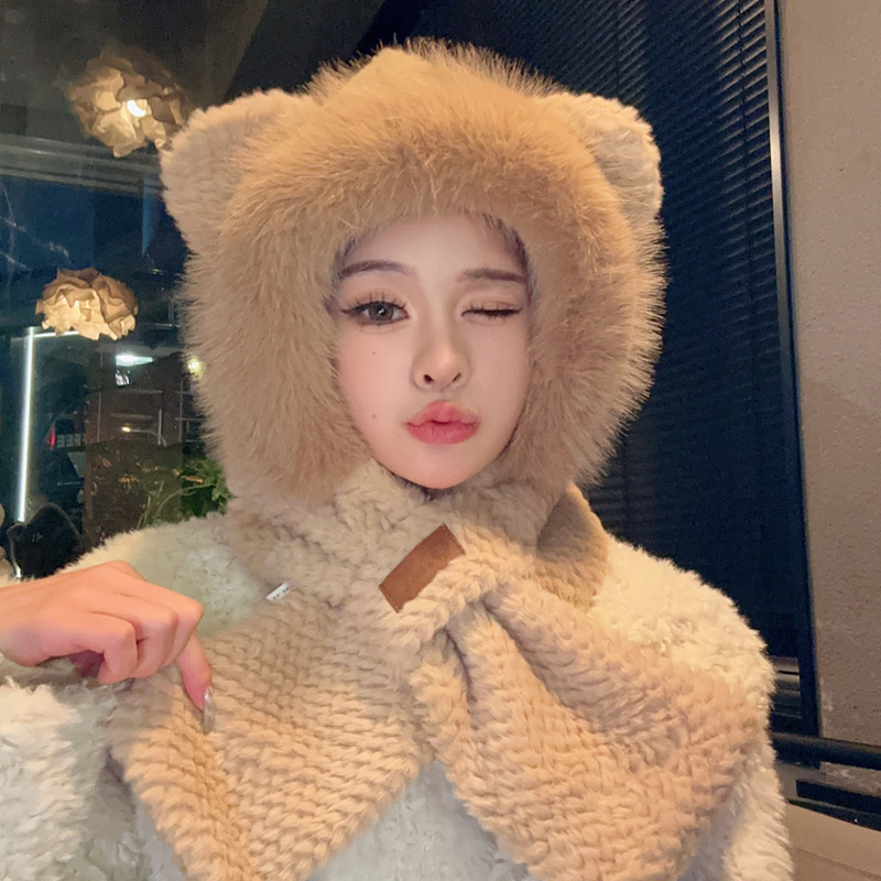 可爱小熊毛绒帽子围巾一体女秋冬季加厚保暖骑行防寒护耳连雷锋帽|undefined