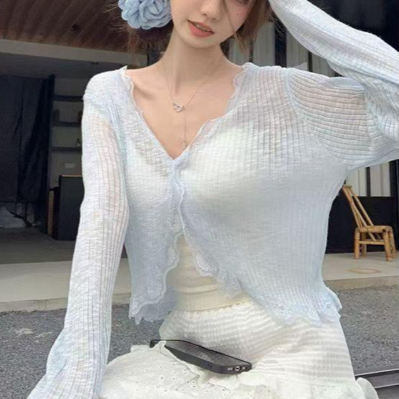Lace V-neck Knitted Sunscreen Cardigan Jacket Women's Korean-style Summer Thin Outer Ice Silk Top Air-conditioning Shirt