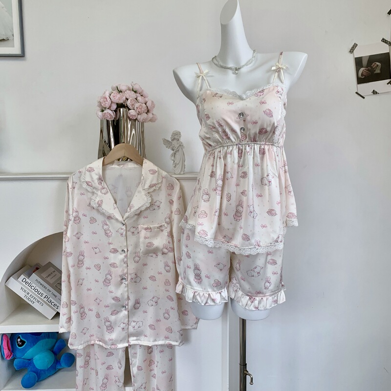 【Soft Cute Flower Rabbit】Original Early Spring New Four-Piece Set of Ice Silk Pajamas with Cartoon Bunny Design, Cute Loungewear for Women