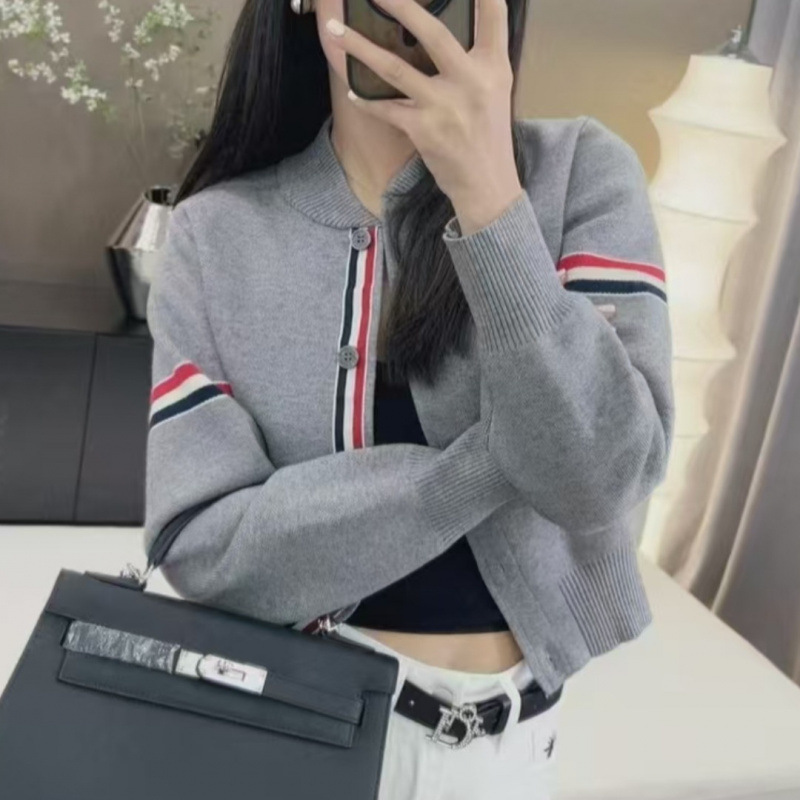 设计感双袖撞色条纹立领针织开衫女气质上衣短外套棒球服|undefined