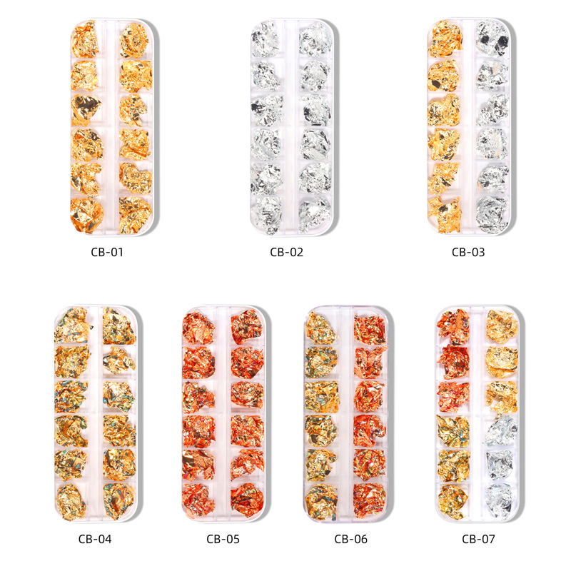 Nuevo estilo japonés Nail Art oro y plata papel de aluminio 12 caja de tira de rejilla arte de uñas de cuatro colores de papel de aluminio joyería fragmentos de hoja de oro