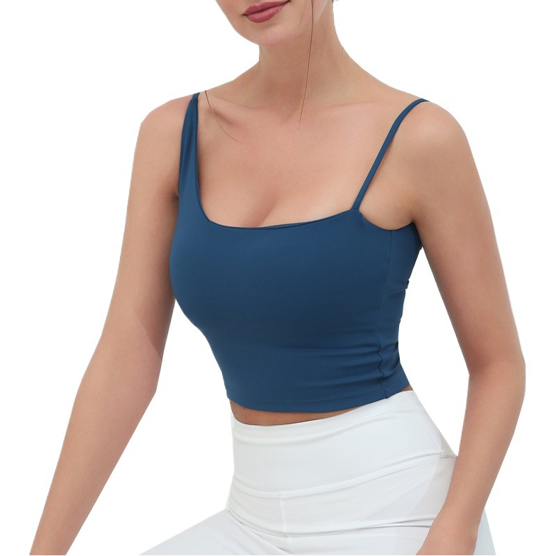 Camiseta deportiva sin mangas para mujer, para exportación, con almohadillas en el pecho, de secado rápido, de alta elasticidad, para yoga, correr, entrenamiento, baile.