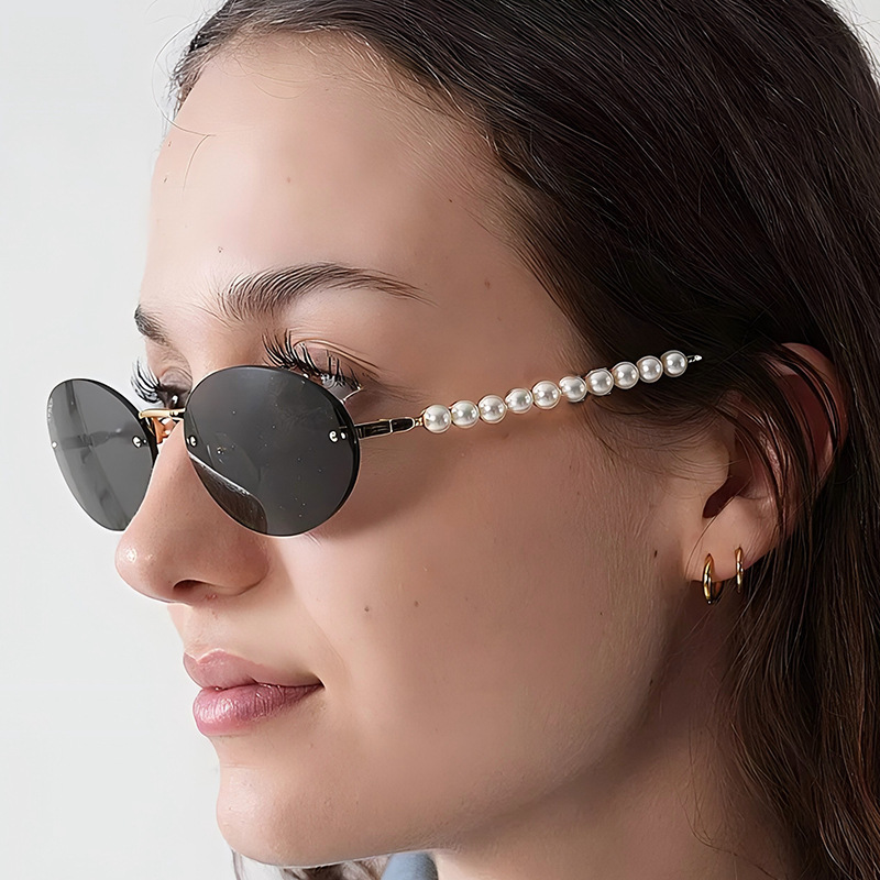 New Rimless Oval Women's Sunglasses, Gorgeous Pearl Sunglasses, Cross-Border European and American Trendy High-End Sunglasses