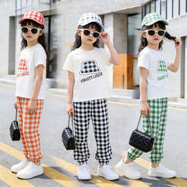 女童短袖格子裤套装夏季新款韩版小女孩时髦长裤运动服儿童两件套