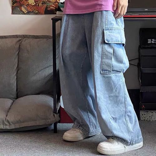 Retro washed loose wide leg men's jeans BF drape floor mopping lazy workwear large pockets straight leg dad pants