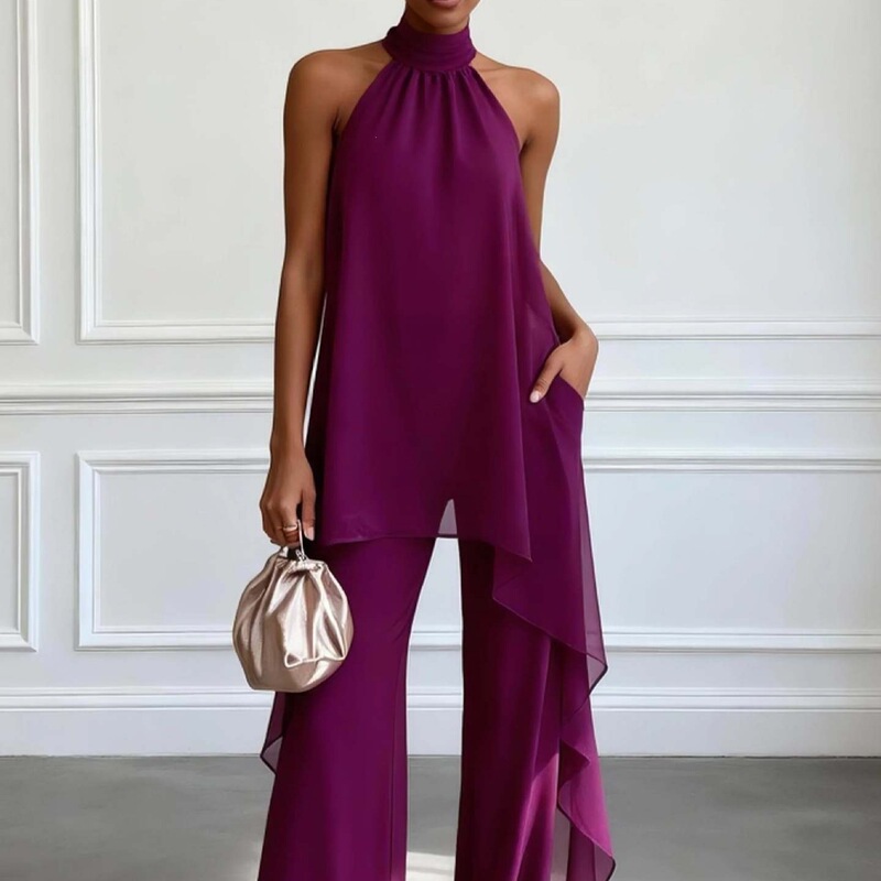 2026 European and American New Fashion Style Halter-Neck Chiffon Two-Piece Set 2026 European and American New Fashion Style Halter-Neck Chiffon Two-Piece Set