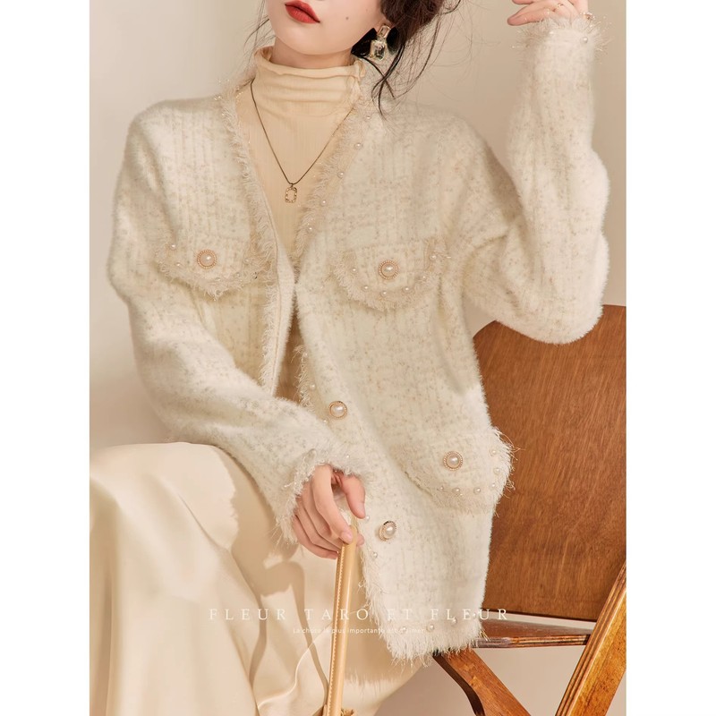 Tweed Style Outwear for Women Autumn and Winter White Golden Heavy Industry Beading Elegant Tassel Autumn and Winter New Woolen Outwear for Women A2363