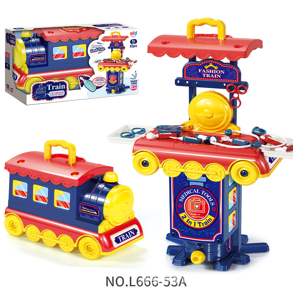 Comercio exterior para niños simulación de tren en casa cocina cubiertos de tocador herramientas de joyería juego de postres juguetes médicos