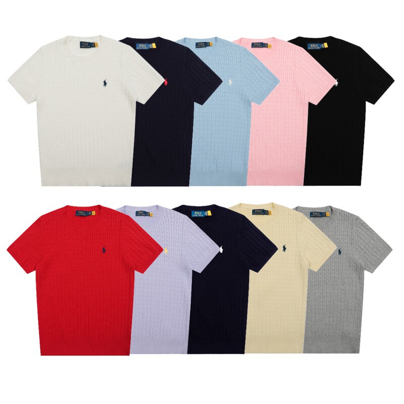 [High Quality] Scanable Laff Rl Pony Embroidered Twist Casual Easiest for Match Round Neck Solid Color Knitted Short Sleeves