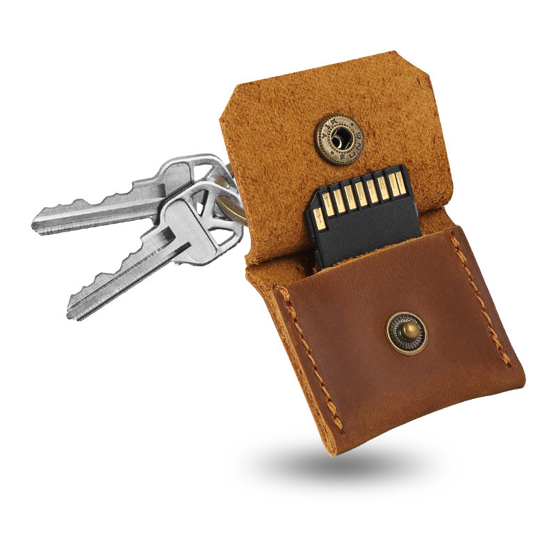 First-Layer Cowhide Genuine Leather Sd Card Protective Cover Earrings Earrings Ring Sim Card Cosmetics Bag Simple Retro Keychain