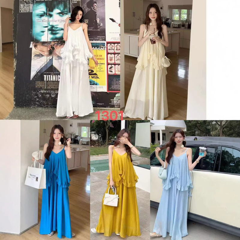 2026 New Summer Women's Clothing, Resort-Style Suspender Long Dress, Smart Ruffle Dress, Elegant Long Dress
