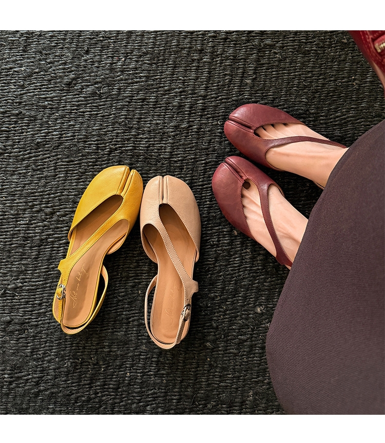 Sandal nữ da trâu chia ngón chân mũi trùm đế bệt — Đỏ (cao 1cm) chi tiết 13