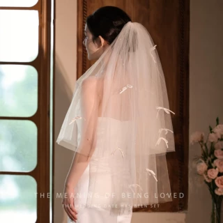 蝴蝶结新娘头纱珍珠头饰求婚领证登记拍照道具双层白色主婚纱配饰