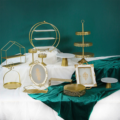 Tabla de postres de estilo europeo, estante de exhibición de bodas, banquete de bodas, estante de pastel, estante de té de la tarde, estante de golden snack set de 7 piezas