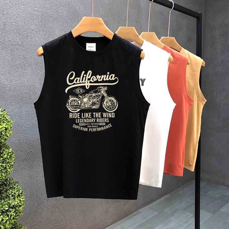 Men's summer trendy casual sports vest top, fashionable round neck pure cotton sleeveless t-shirt