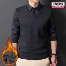 弹力假两件保暖衬衫男长袖加绒加厚中老年男士衬衣商务休闲爸爸装