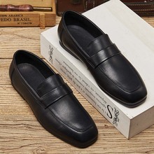 夏季方头休闲皮鞋男一脚蹬软底乐福鞋英伦懒人豆豆工作鞋