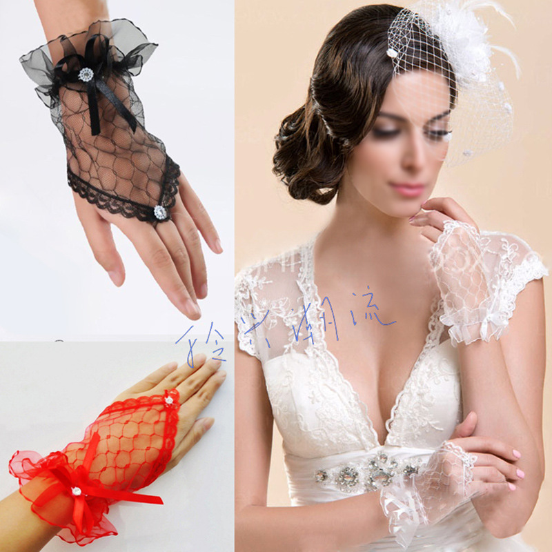Mesh lace sun protection gloves lace black butterfly short style women's fingerless and half-finger driving photo taking bride Xia Lolita