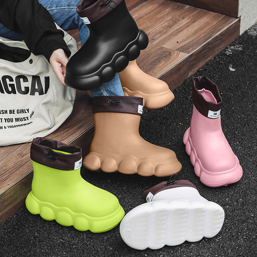 Cross-border fashion women's EVA thick-soled rain boots, waterproof drawstring, Korean-style versatile outdoor waterproof boots, comfortable and warm water shoes.