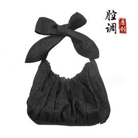 陌上手作香云纱黑色龟纹单肩包 肩带可调节女包 蝴蝶结褶皱拉链包