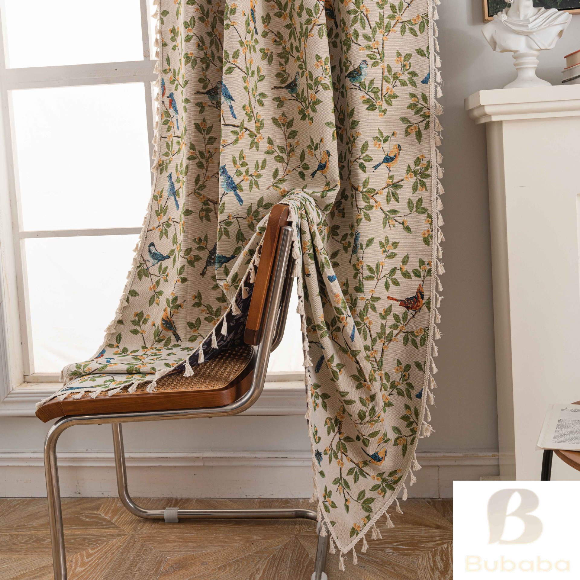 Fabric Dad Cross-Border American Country Style Semi-Blackout Curtains for Bedroom, Green Country Bay Window Finished Curtains, Direct from Manufacturer