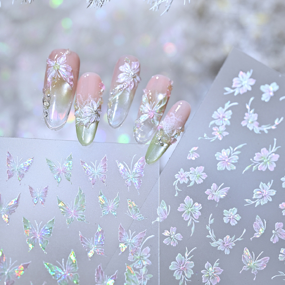 Butterfly-Kissed Flower Branch Three-Dimensional Tulip Elegant Cat-Eye Nail Stickers Summer Clear Nude Color Brightening Nail Decoration Stickers