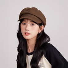 贝雷帽女秋冬显脸小鸭舌八角帽大头围英伦法式复古黑色报童帽子潮