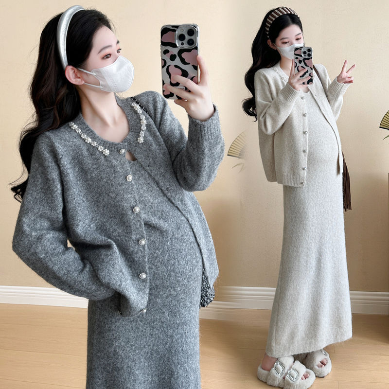 孕妇套装秋冬款时尚套装宽松中长款孕妇连衣裙小香风外套两件套装|undefined