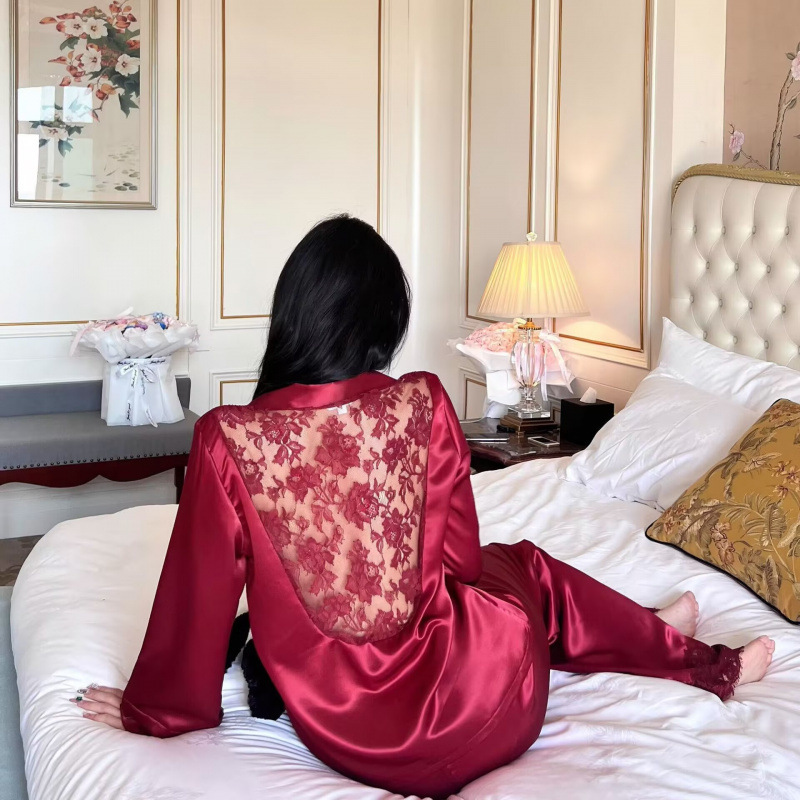 New spring and autumn ice silk small collar sweet and cute fashion casual pajamas and loungewear New spring and autumn ice silk small collar sweet and cute fashion casual pajamas and loungewear